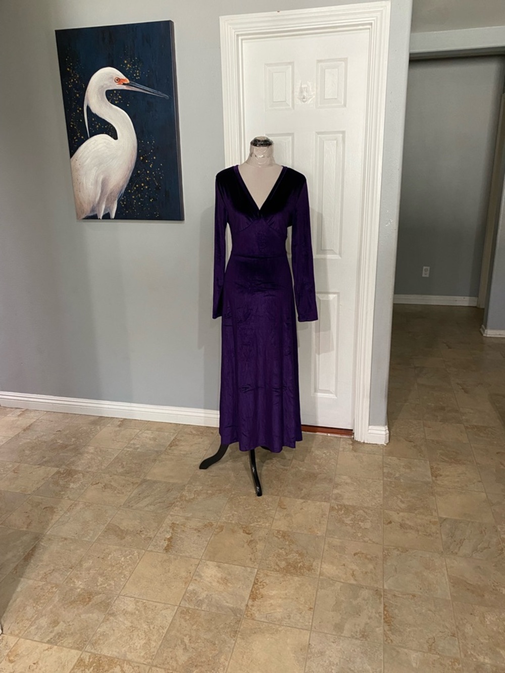 New Women XL Purple Velvet V-neck Stretchy Longsleeve Maxi Dress - Picture 3 of 8